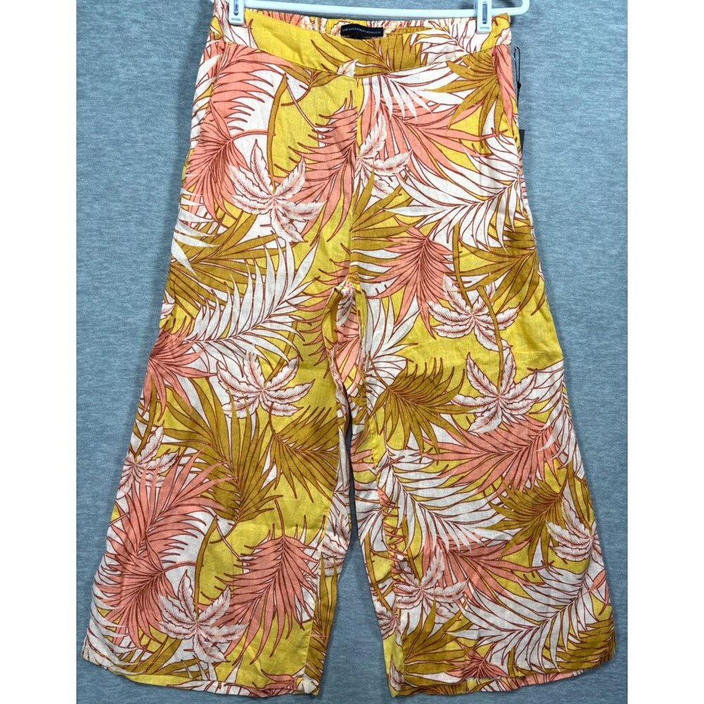 Tahari Womens Pants L Tropical Leaf Print 100% Linen Wide‎ Leg Crop